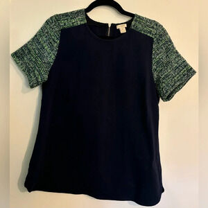 J. Crew Womens Navy Short Sleeve Top Green Boucle Sleeves Exposed  Zippers Sz Sm